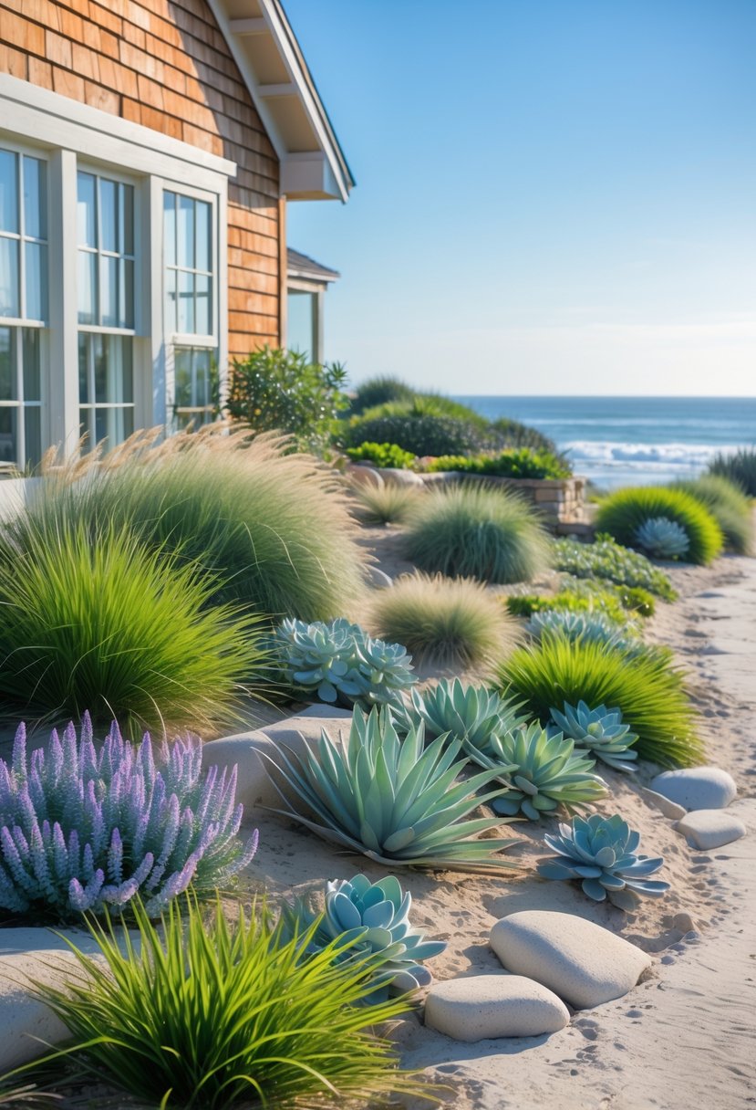 A farmhouse exterior surrounded by native coastal plants with the ocean in the background.
