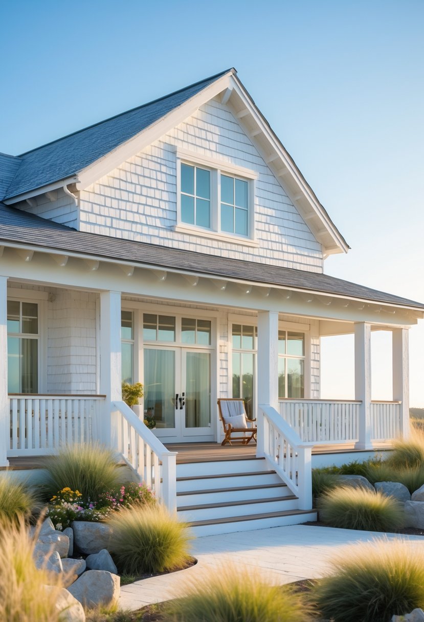 A coastal farmhouse exterior with whitewashed cedar shake siding, large windows, and a porch surrounded by coastal plants under a clear sky.