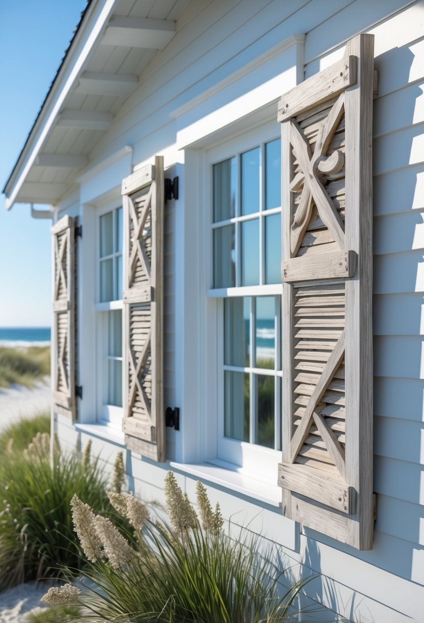 Coastal farmhouse exterior with decorative wooden shutters, surrounded by coastal plants and a view of the ocean in the background.