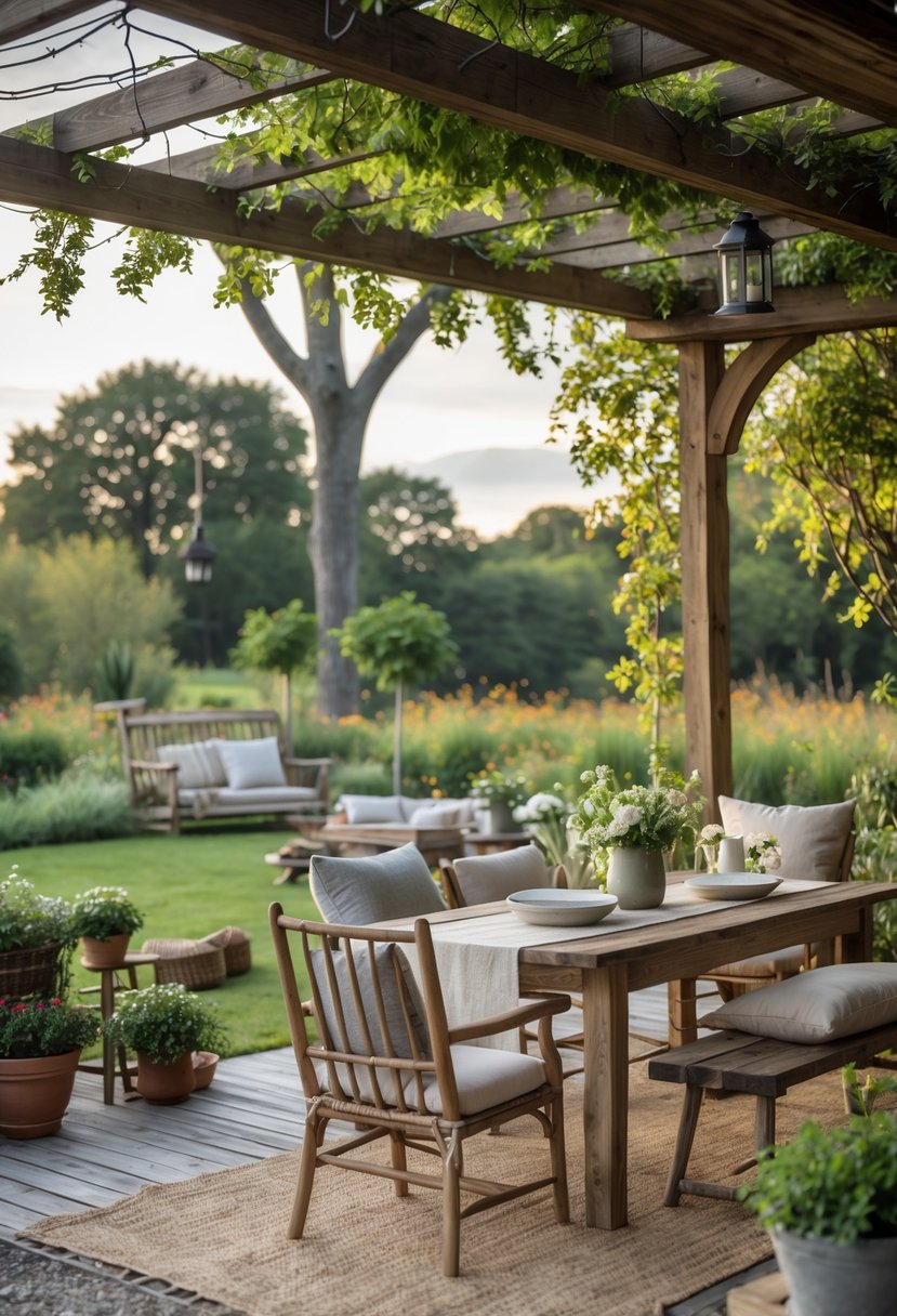 An outdoor farmhouse patio with wooden seating, plants, a dining table, and a garden in the background.