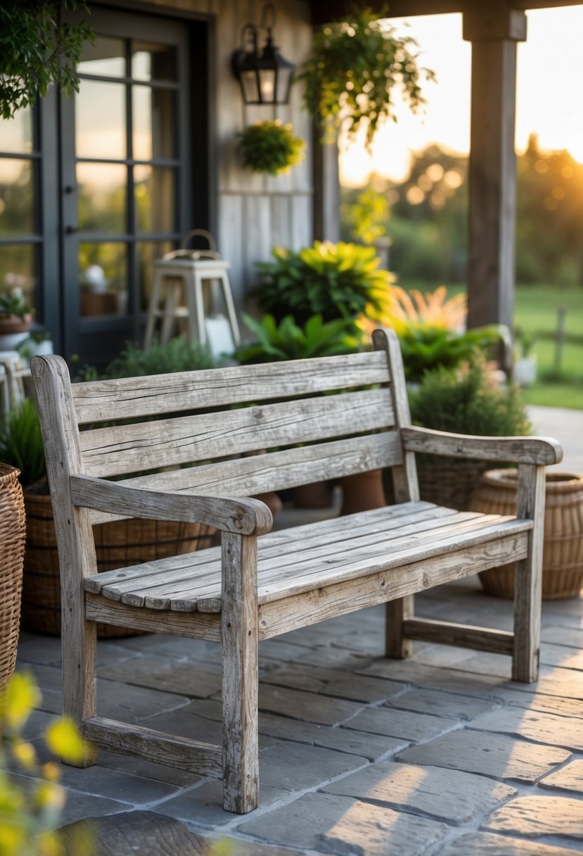 A weathered wooden bench on an outdoor farmhouse patio surrounded by plants and natural light.