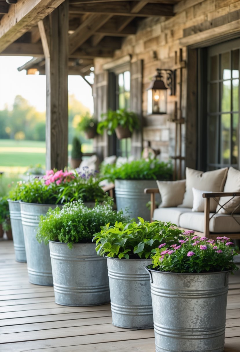 Outdoor patio with galvanized metal planter tubs filled with plants and flowers arranged around a wooden deck.