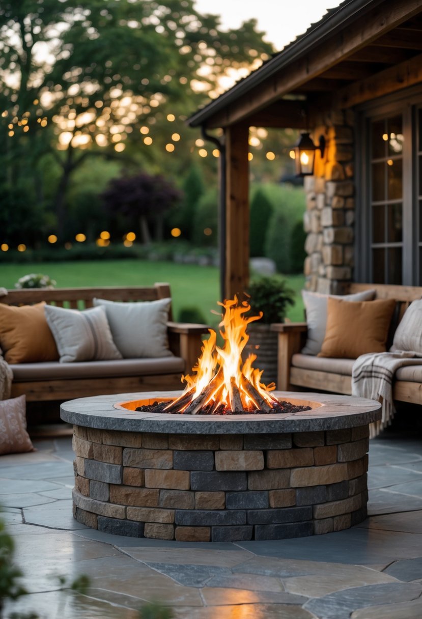 Outdoor fire pit with stone surround and wooden seating on a patio surrounded by greenery.