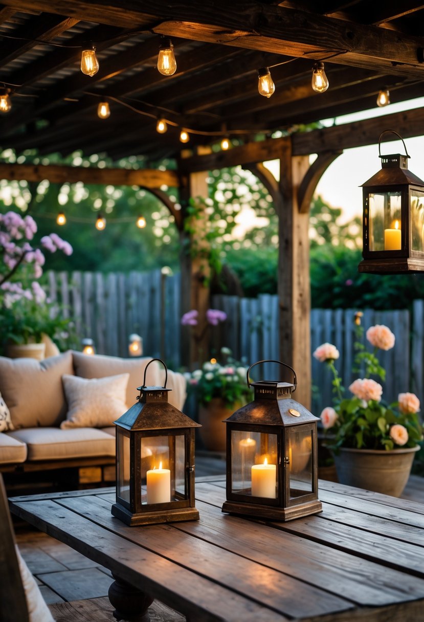 Outdoor patio with vintage lanterns hanging and placed on a wooden table surrounded by plants and wooden furniture.