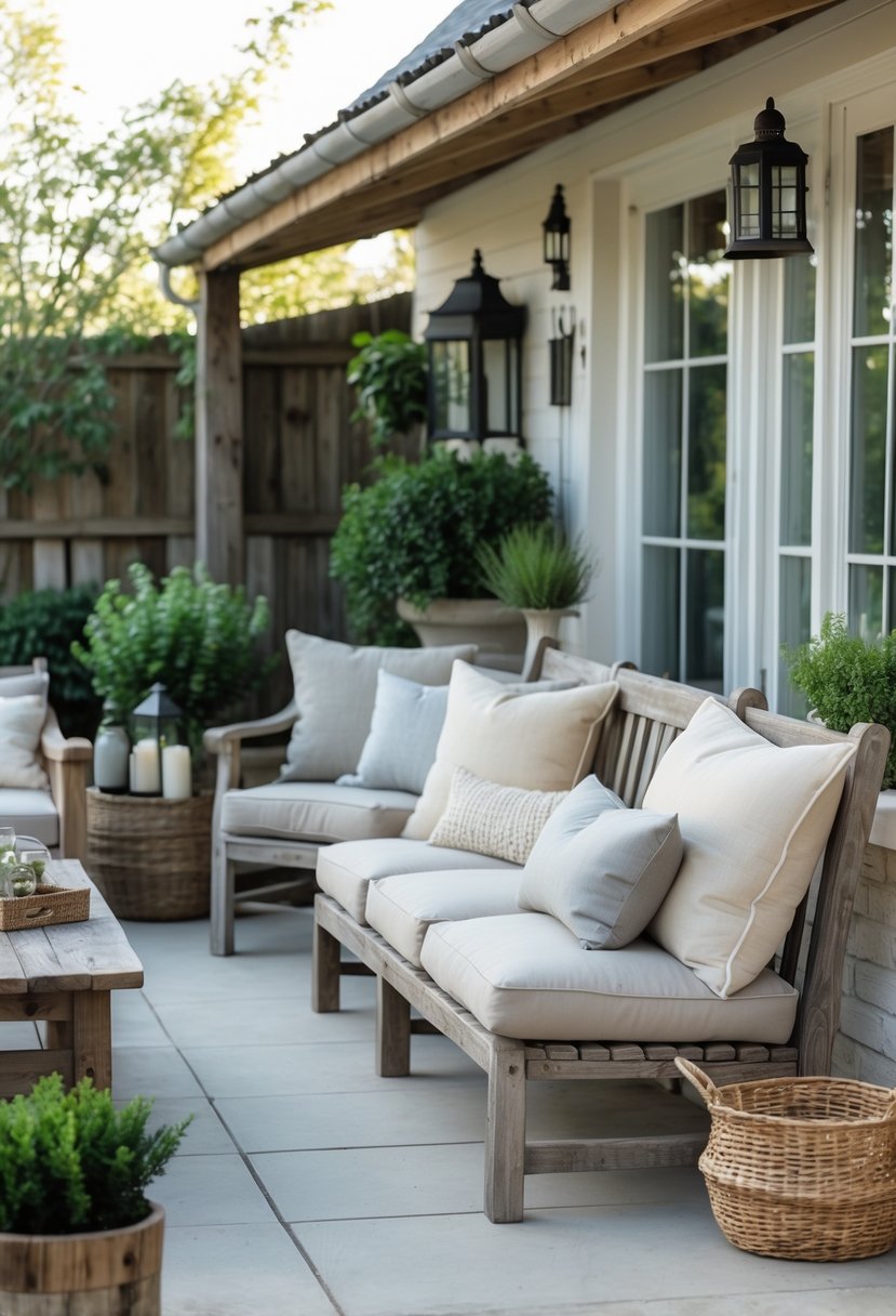 Outdoor patio with wooden chairs and bench featuring soft cotton cushions in muted colors surrounded by plants and decorative items.