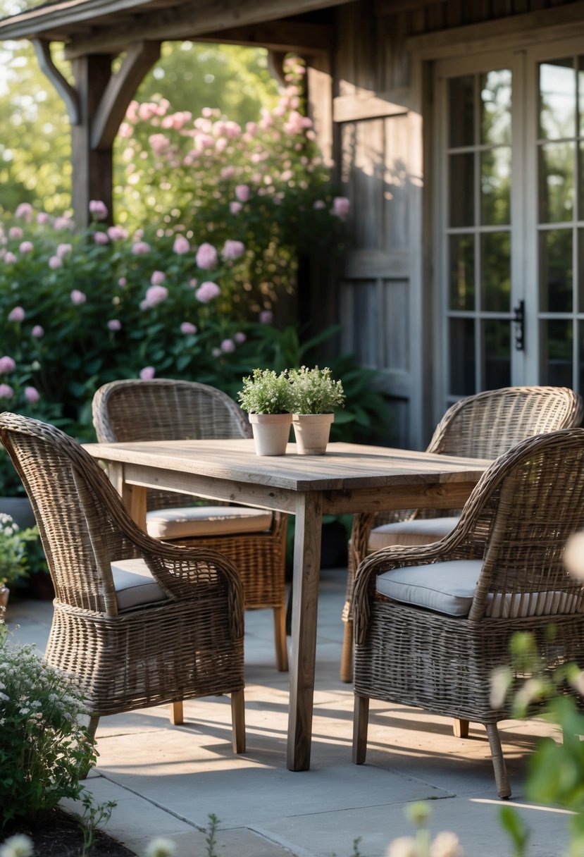 Outdoor patio with woven wicker chairs around a wooden table surrounded by plants.