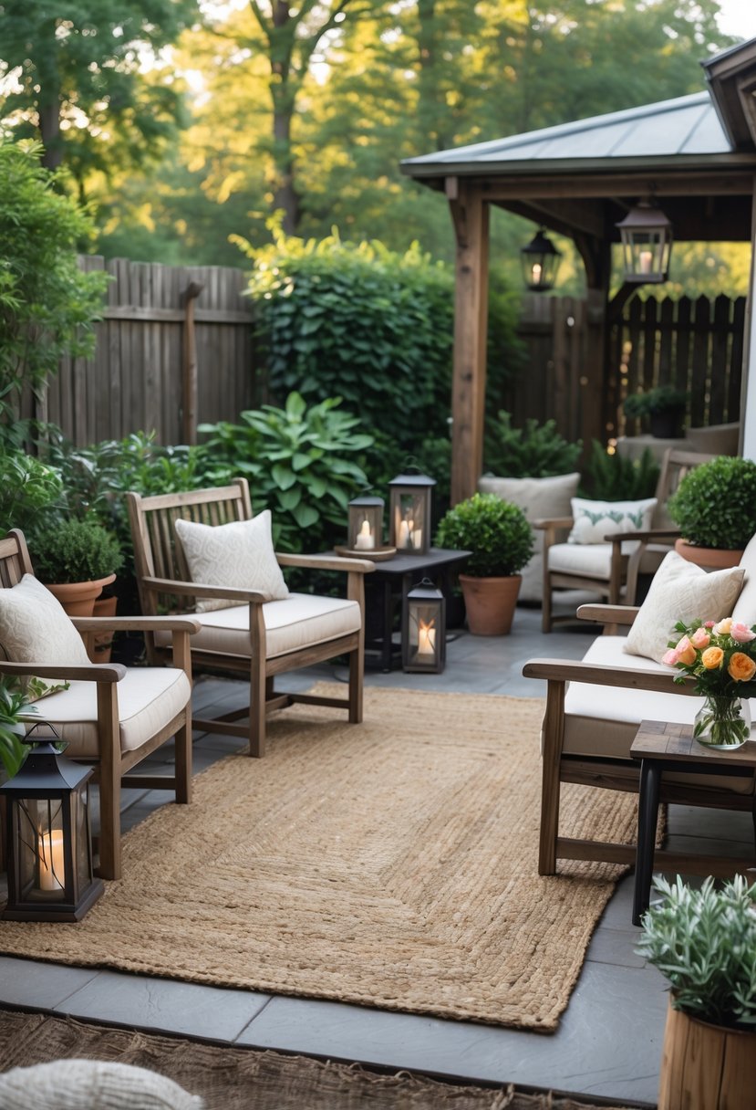 Outdoor patio with a natural jute rug, wooden furniture, plants, and decorative items.
