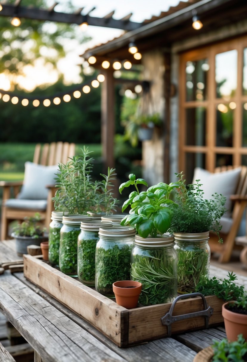 Outdoor patio with a wooden table holding mason jars filled with fresh herbs and surrounded by garden tools and plants.