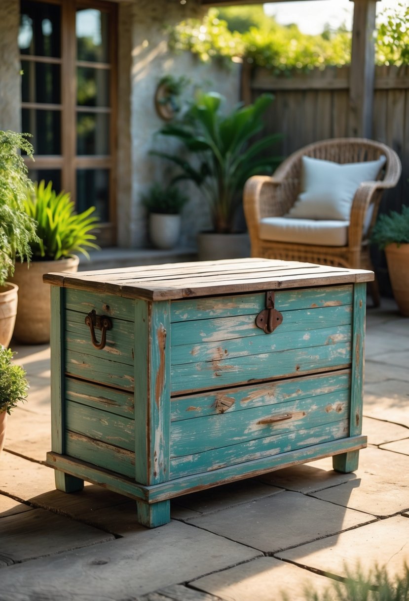 A weathered wooden storage chest on an outdoor patio surrounded by plants and outdoor furniture.