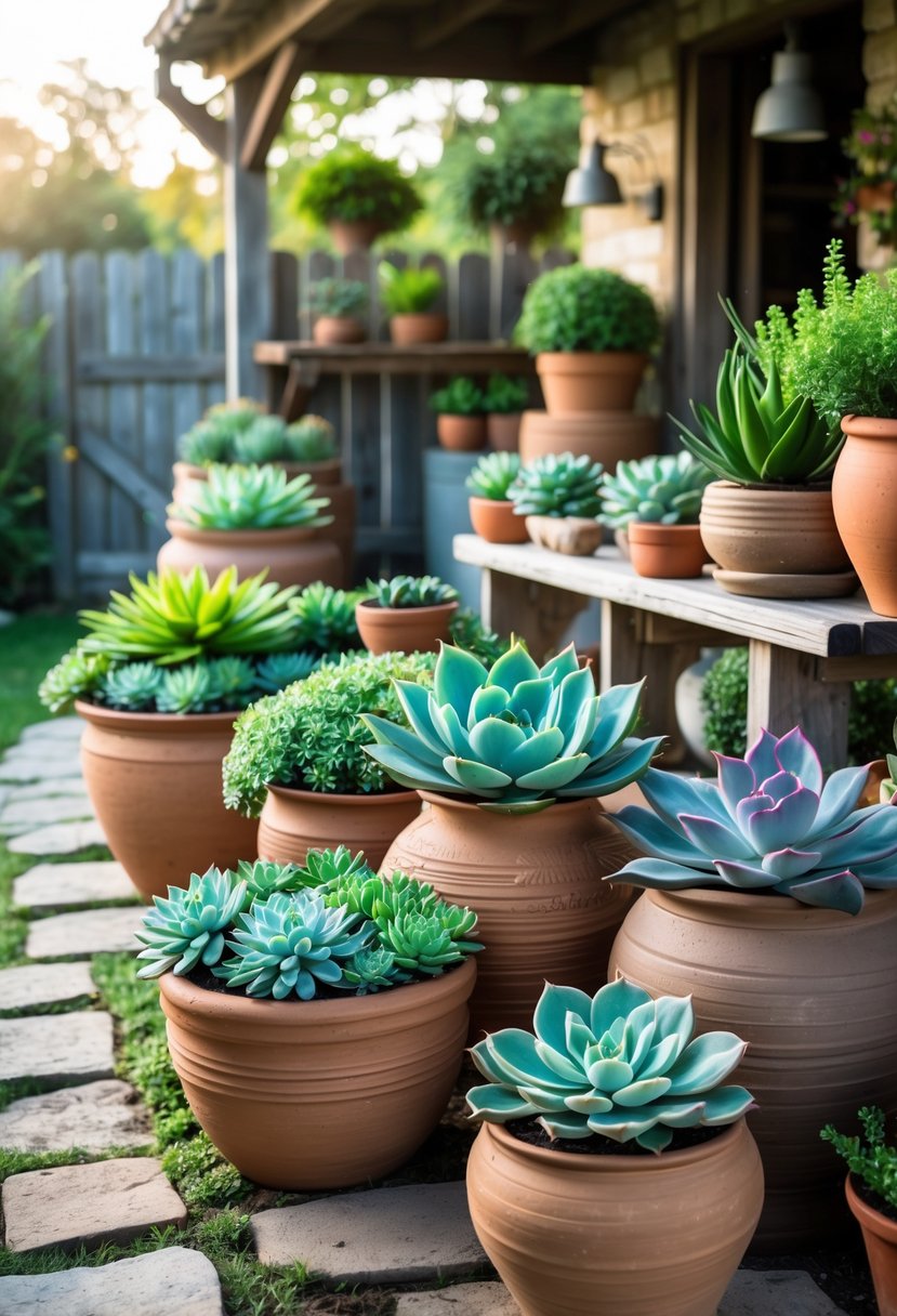 Outdoor farmhouse patio with clay pots containing various succulent plants arranged on rustic wooden furniture and stone surfaces.