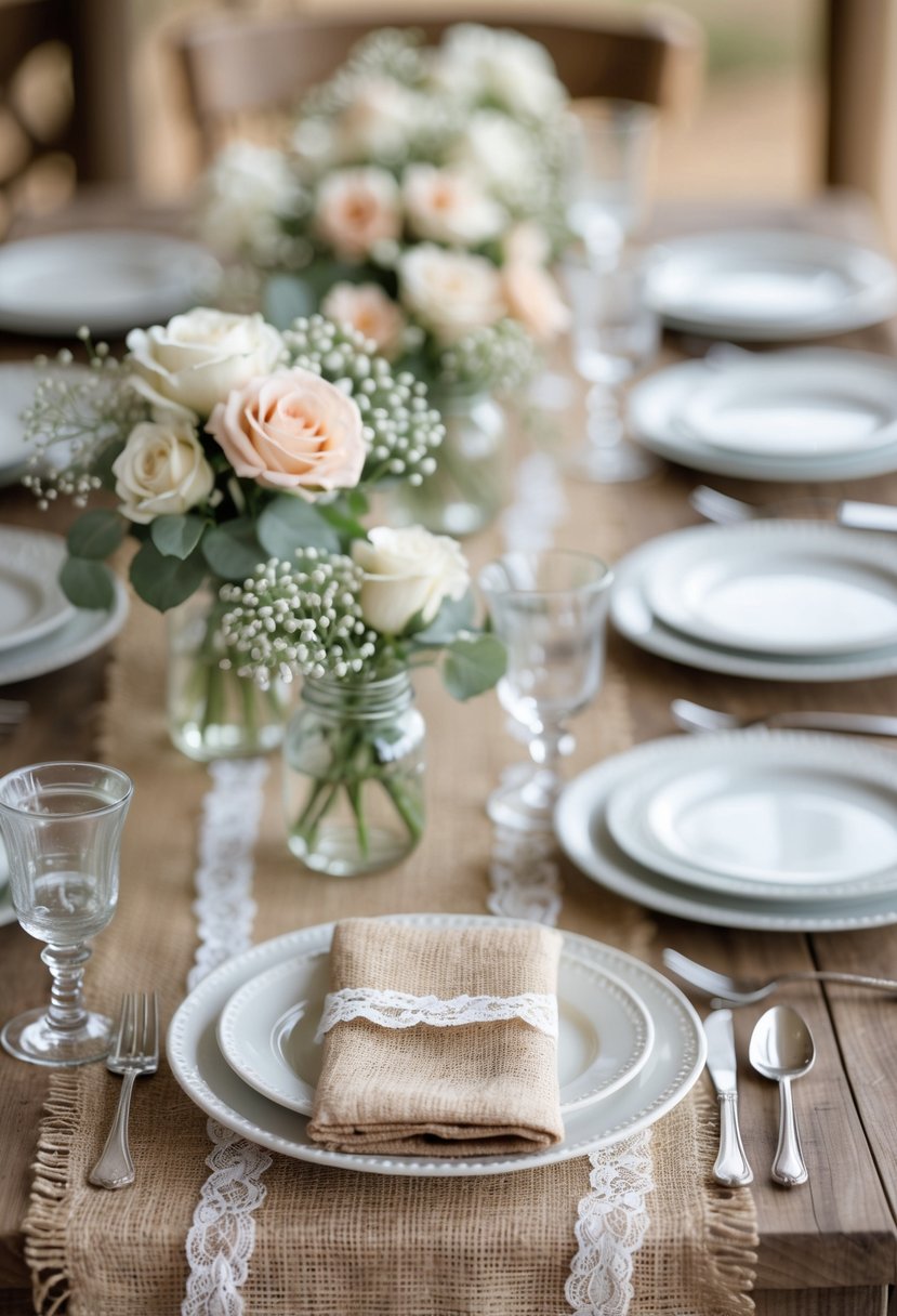 A wedding table set with burlap and lace table runners, white plates, glassware, silver cutlery, and floral centerpieces.