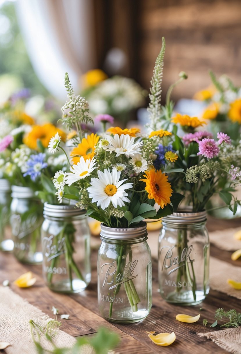 A wedding table with wooden surface decorated with mason jars filled with fresh flowers as centerpieces.
