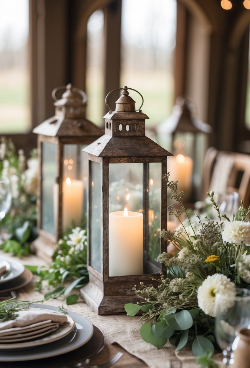 A wooden table decorated with antique lanterns, wildflowers, and vintage dinnerware in a wedding setting.