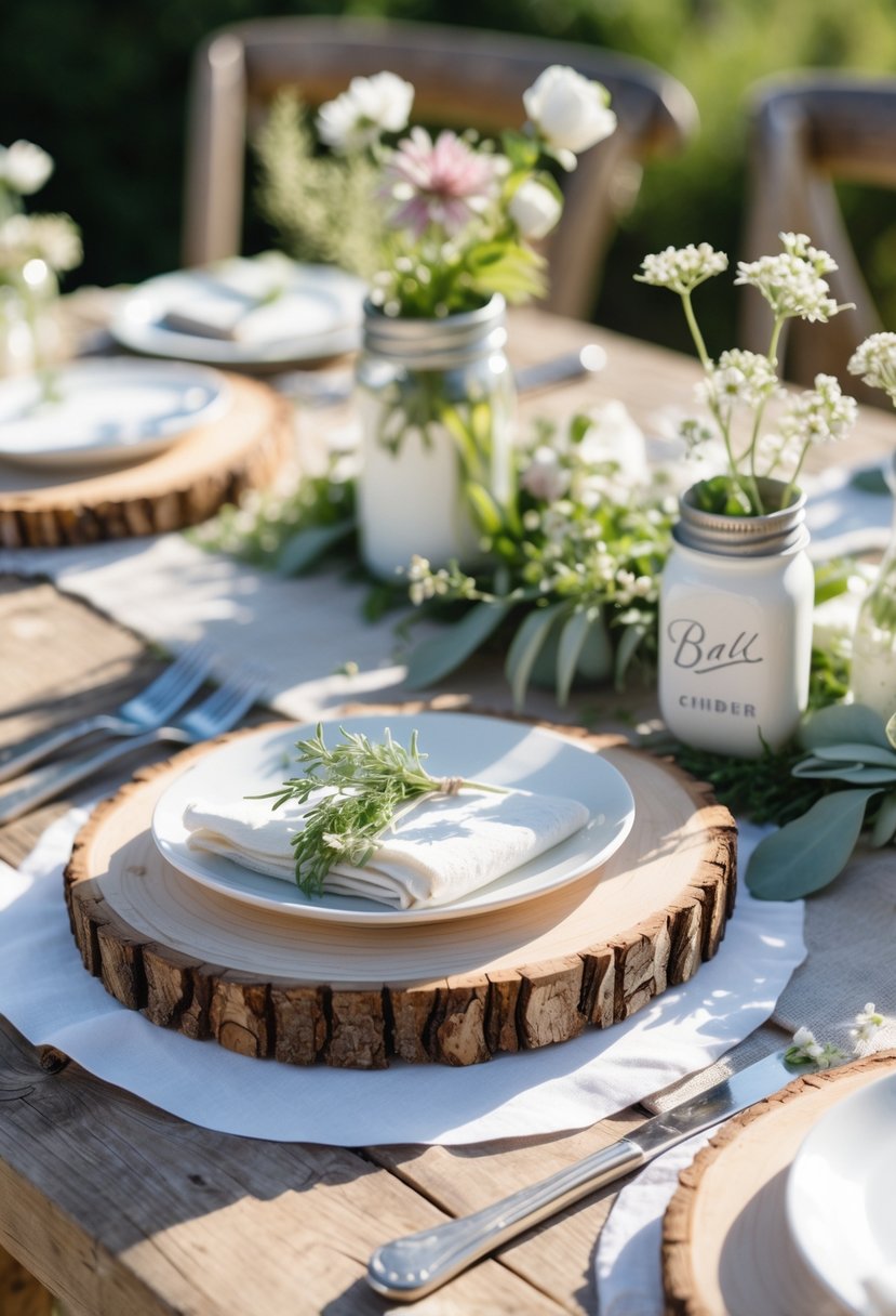 A wedding table set outdoors with wooden slice chargers, white plates, wildflowers, and greenery on a wooden table.
