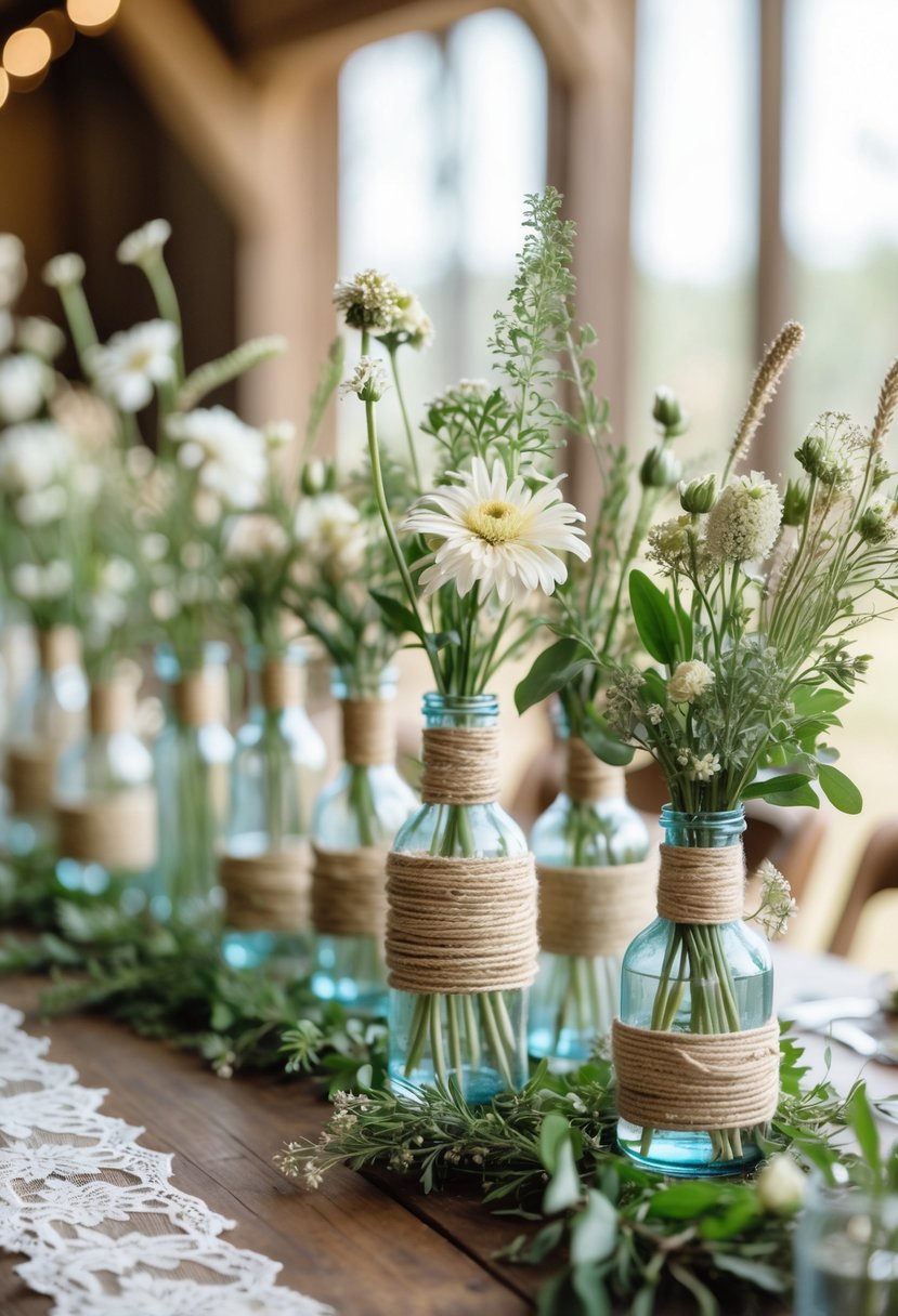 Glass vases wrapped in twine holding wildflowers arranged on a wooden table.