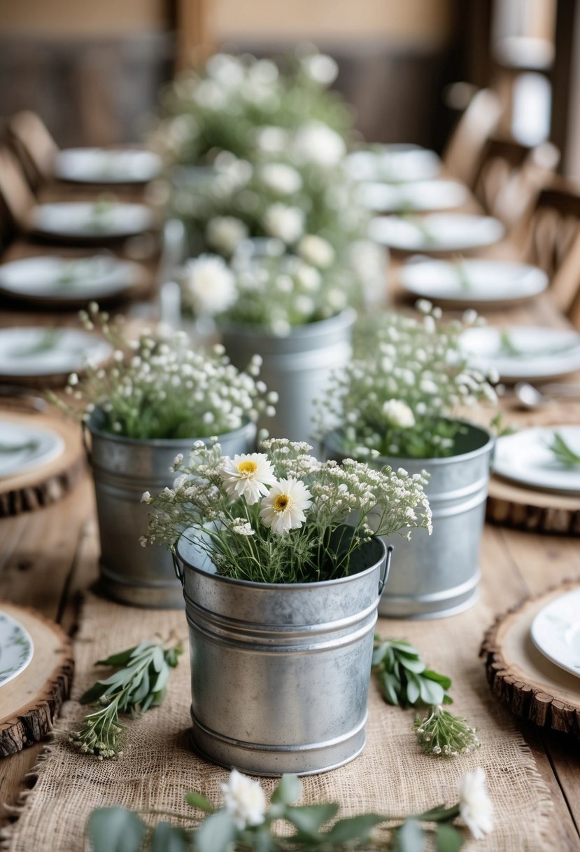 Small galvanized metal buckets filled with wildflowers arranged on a wooden wedding table.