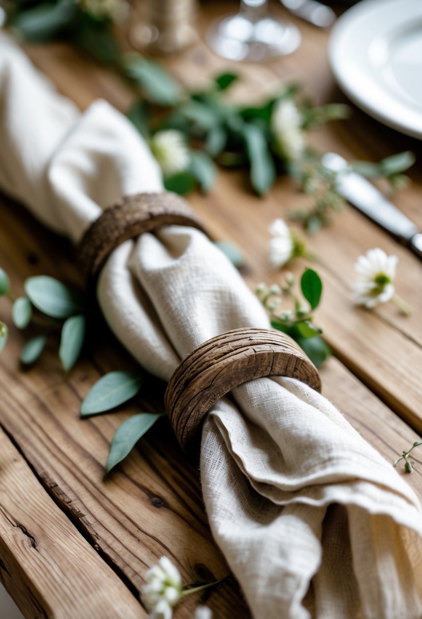 A wedding table with cotton or linen napkins rolled inside rustic wooden rings, placed on a wooden table with greenery and glassware.