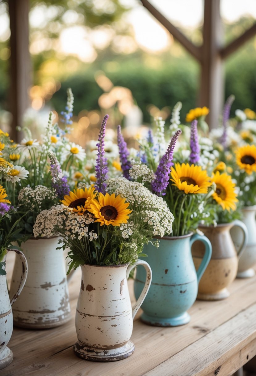 A rustic wooden table with thirteen wildflower bouquets in vintage pitchers arranged as wedding table decor.