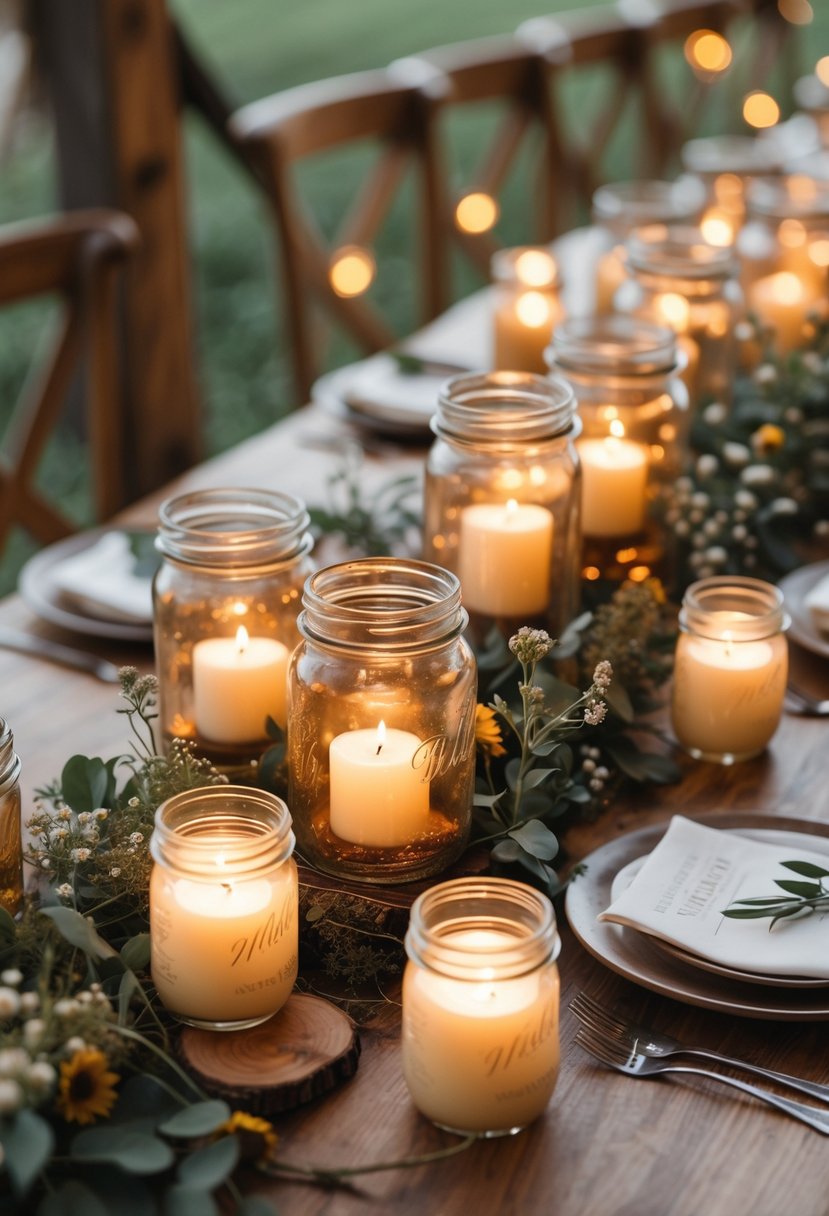 A wedding table decorated with mason jars holding lit candles surrounded by greenery and flowers.