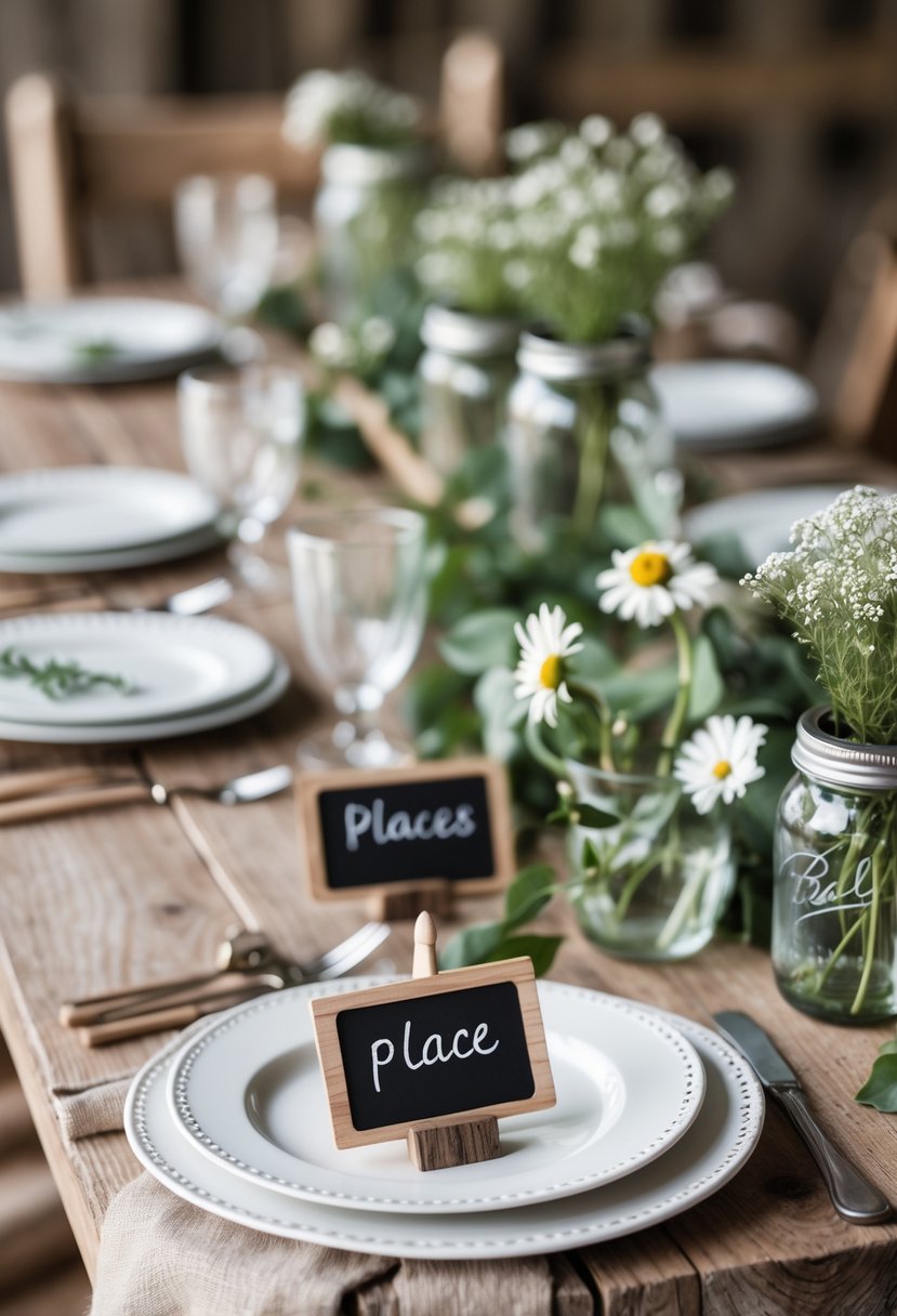 A rustic wedding table with chalkboard place cards, wildflowers in mason jars, and natural table settings.