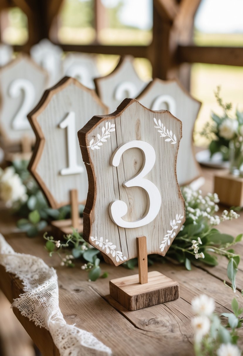 Thirteen hand-painted wooden signs arranged on a table as table number markers surrounded by rustic wedding decorations.
