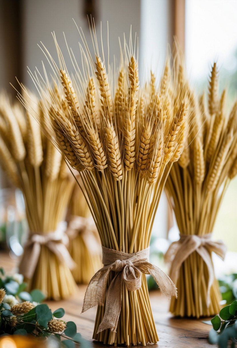 Bundles of wheat stalks tied with ribbons arranged on a wooden table as wedding decorations.
