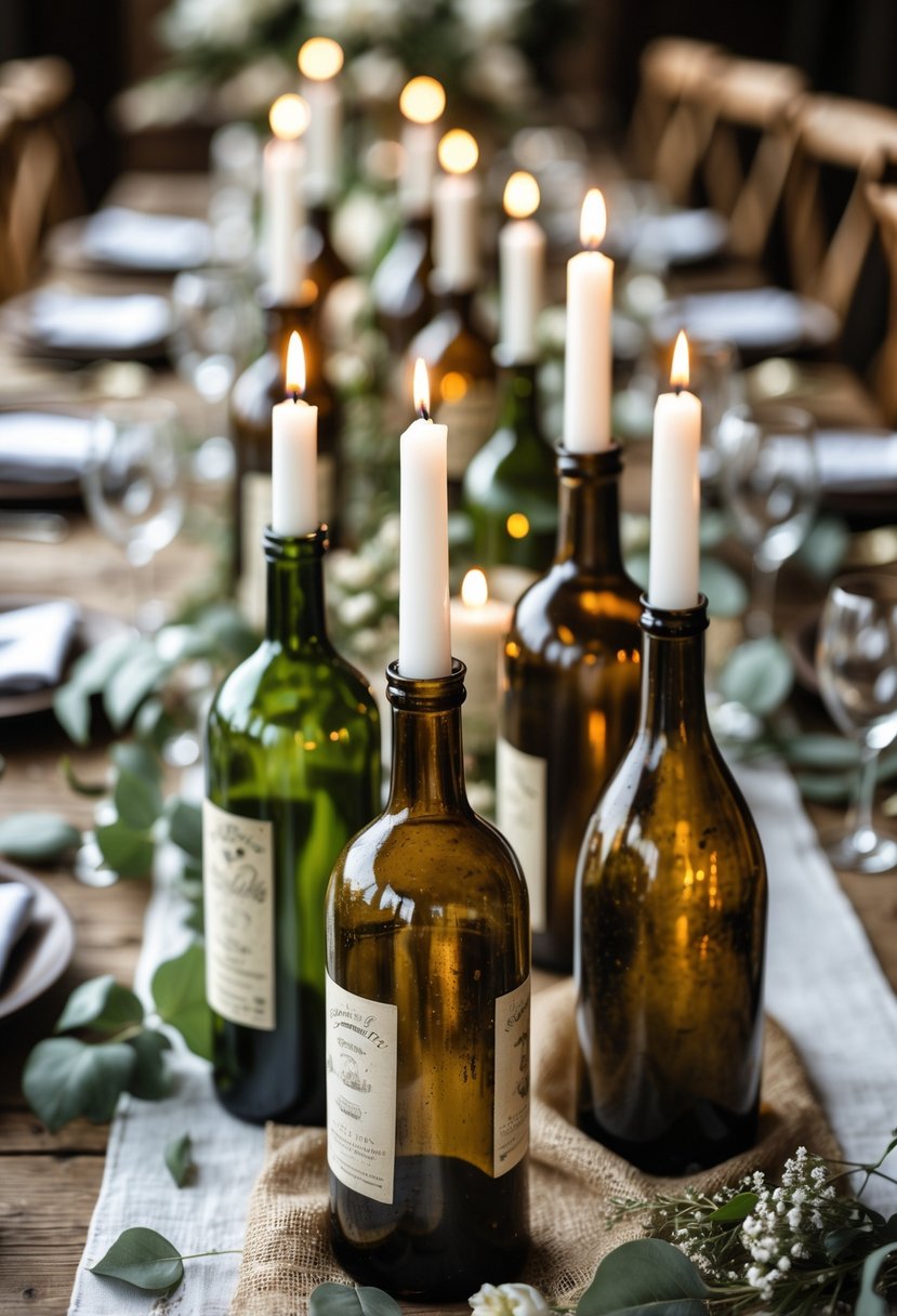 A farmhouse wedding table with vintage wine bottles used as candle holders, lit candles, flowers, and greenery arranged on a wooden surface.