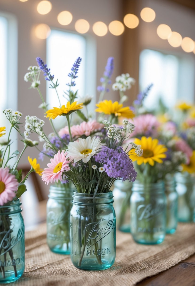 Mason jars filled with wildflowers arranged on a wooden table as centerpieces for a birthday party.