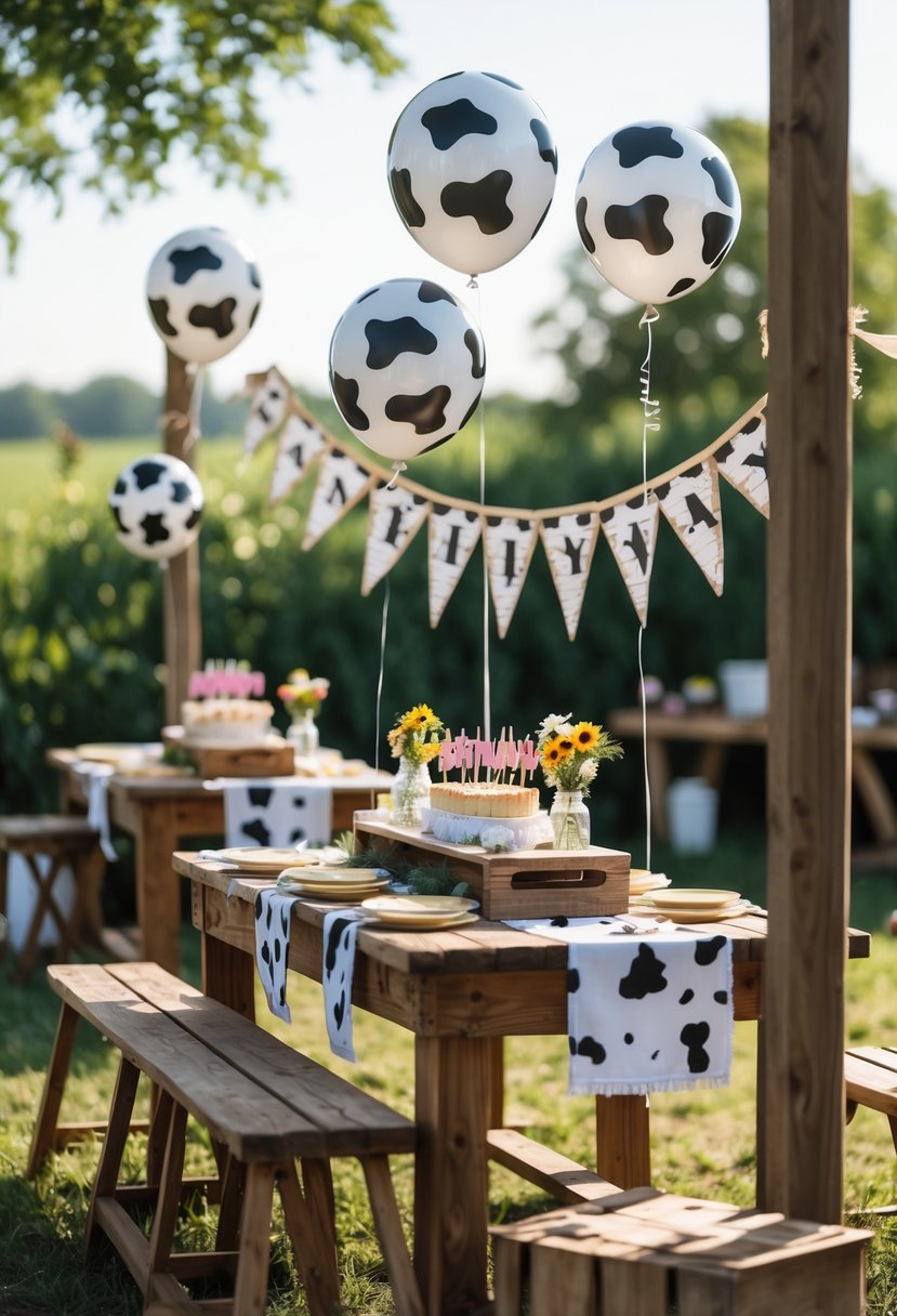 Outdoor farmhouse birthday party setup with cow-print balloons and banners decorating wooden tables surrounded by greenery.