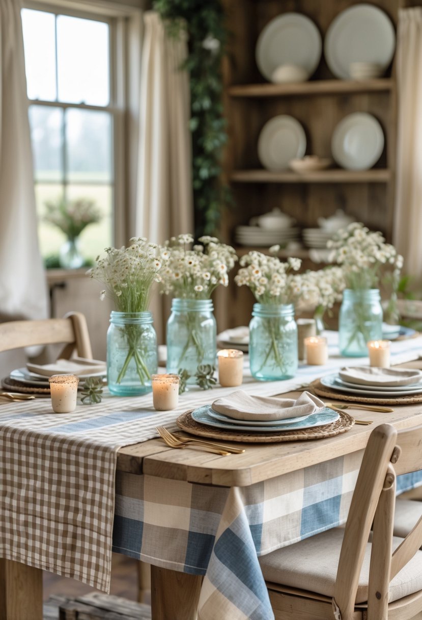 A farmhouse birthday party table set with checkered gingham tablecloths, wildflowers in jars, plates, and candles on a wooden table.