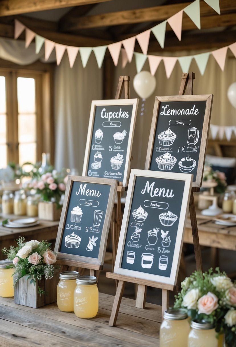 Chalkboard menu signs with drawings of food and drinks displayed on wooden stands at a farmhouse birthday party.