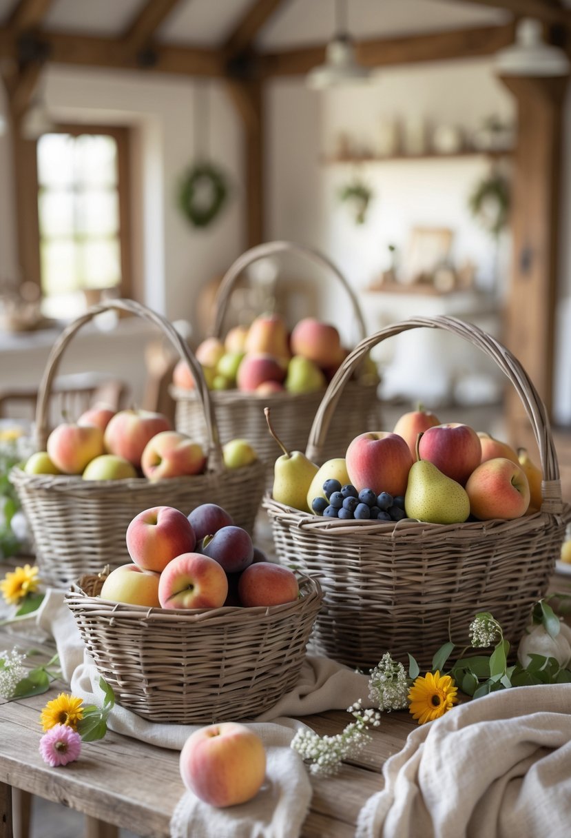Wicker baskets filled with assorted seasonal fruits arranged on a wooden table with farmhouse decorations.