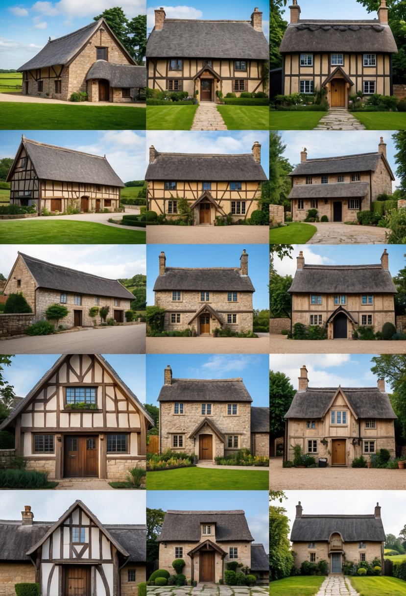A collage of 17 different medieval farmhouse exteriors showing various traditional buildings with wooden and stone walls, roofs, and doors, set in rural outdoor settings.