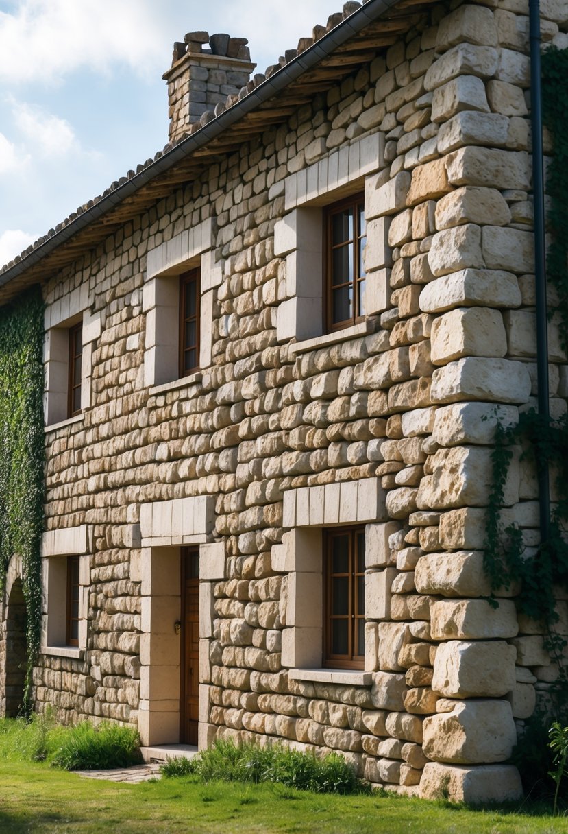 Exterior view of a medieval farmhouse with thick stone walls made of irregularly shaped stones, small windows, and a tiled roof surrounded by greenery.