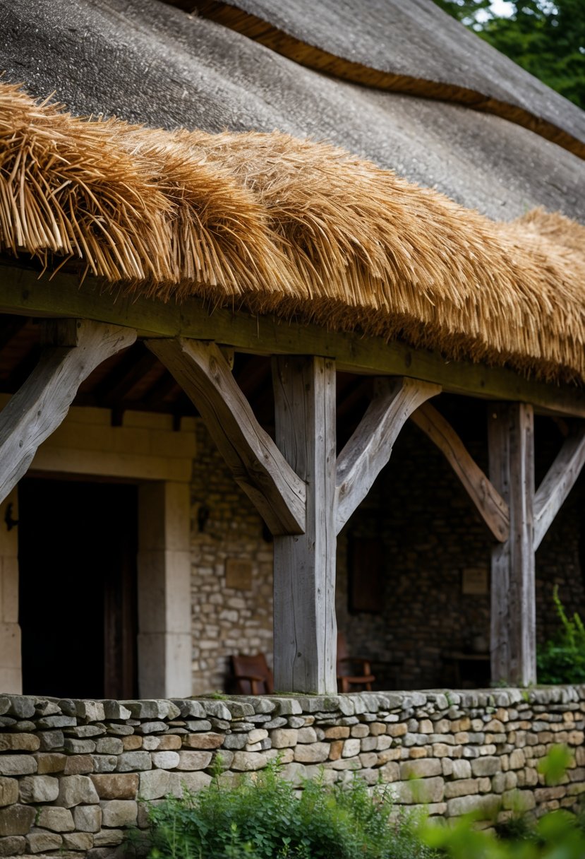 Exterior view of a farmhouse with a thatched roof supported by wooden beams surrounded by greenery.