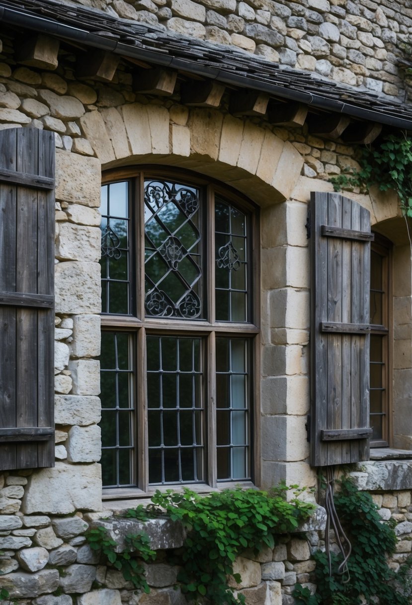 Exterior view of a medieval farmhouse with small leaded glass windows and iron grilles in stone walls.