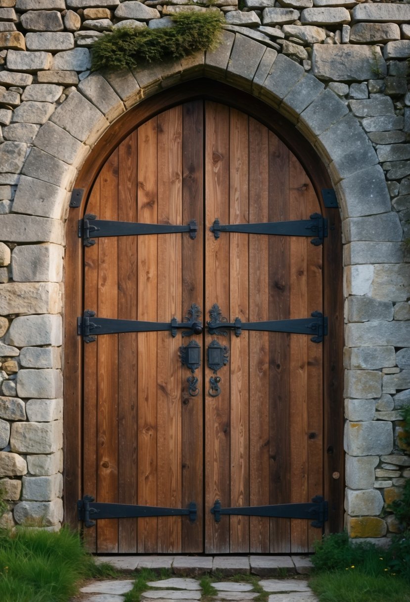 Close-up of an arched wooden door with wrought iron hinges set into a stone farmhouse wall.