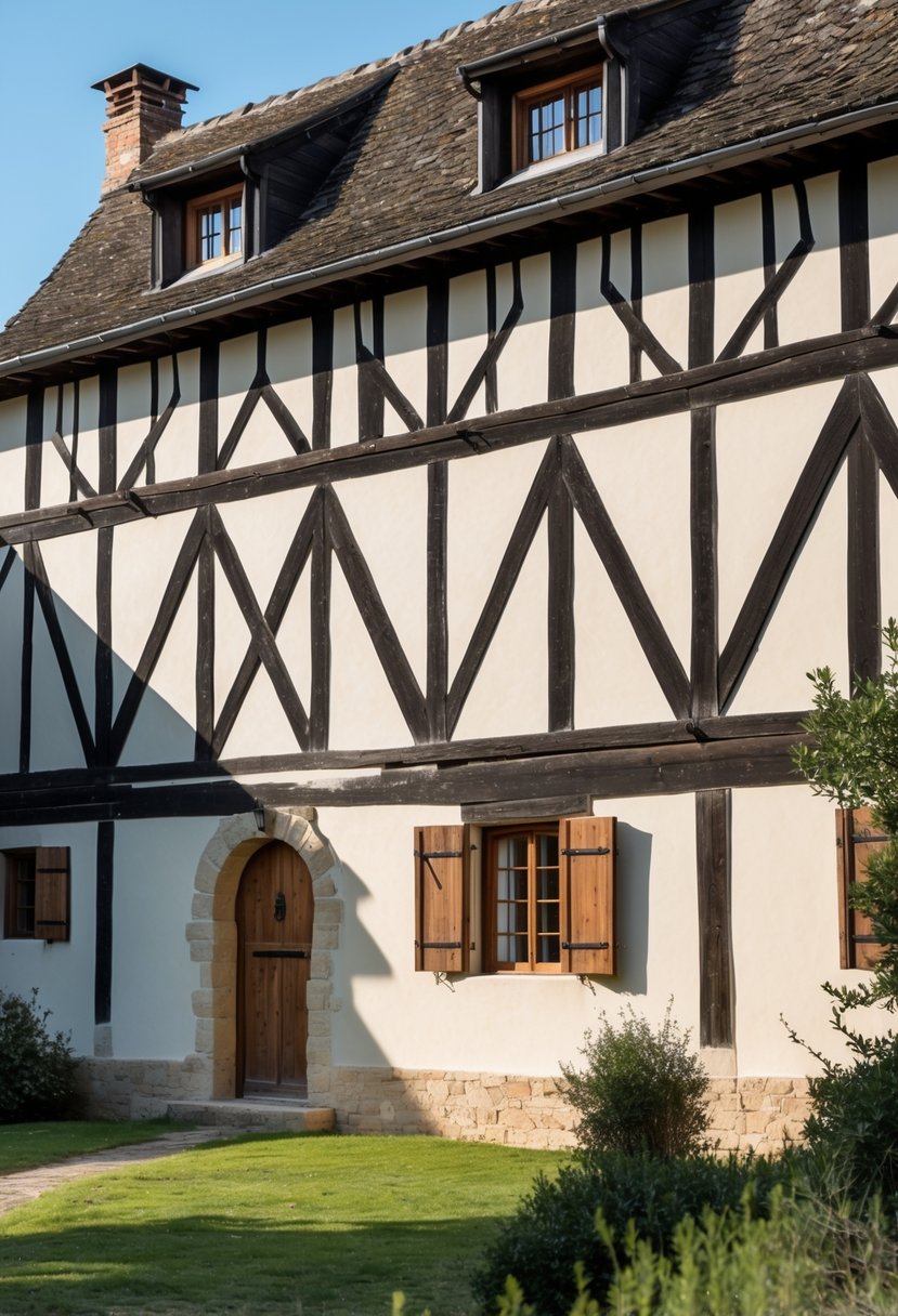 Exterior view of a medieval farmhouse with wooden beams and plaster walls surrounded by greenery.