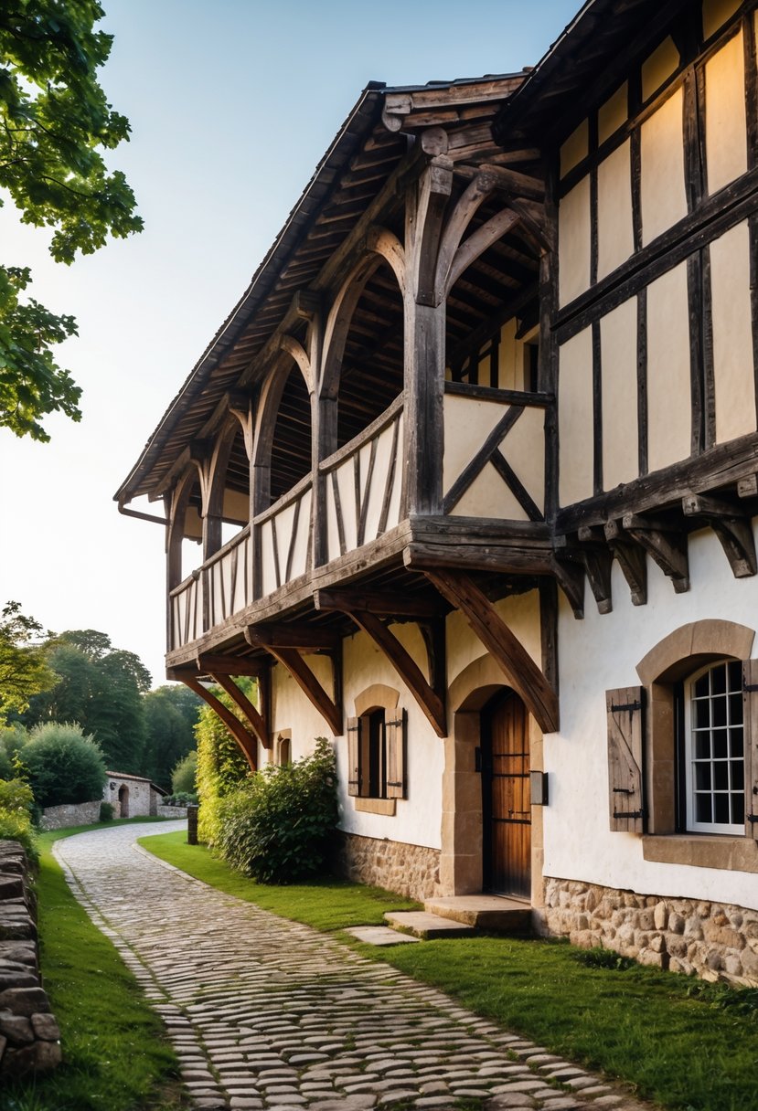 Exterior view of a medieval farmhouse with a second story that extends outward over the ground floor, surrounded by greenery and cobblestone pathways.