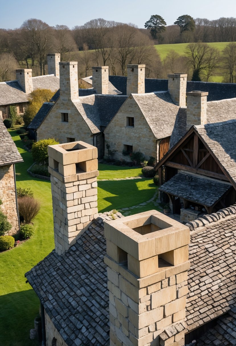 A group of medieval farmhouses with stone rectangular chimneys surrounded by grass and shrubs under a clear sky.