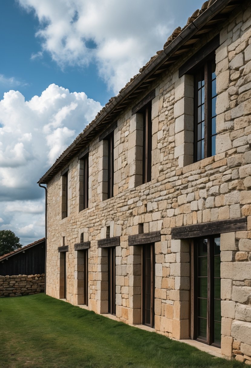 Exterior view of a medieval farmhouse with narrow slit windows and stone walls in a rural setting.