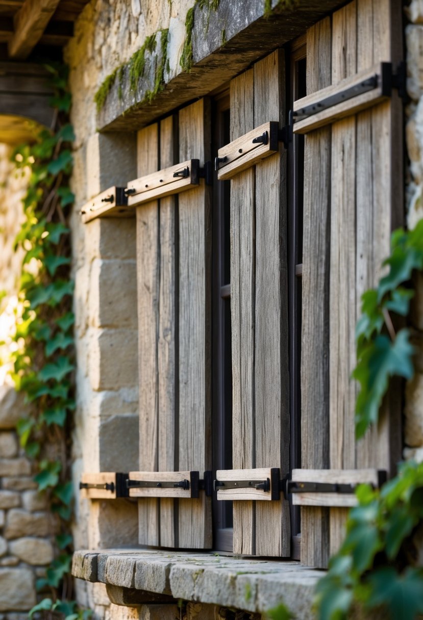 Close-up of rustic wooden shutters on windows of an old farmhouse exterior with stone walls and greenery.