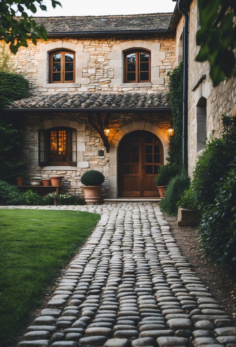 Cobblestone paths leading to the entrance of a rustic farmhouse surrounded by greenery.