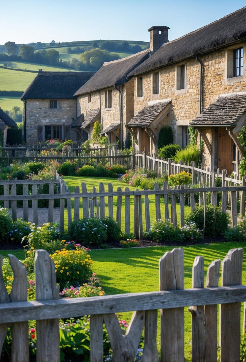 Several medieval farmhouses with low wooden fences surrounding gardens filled with plants and flowers in a rural setting.