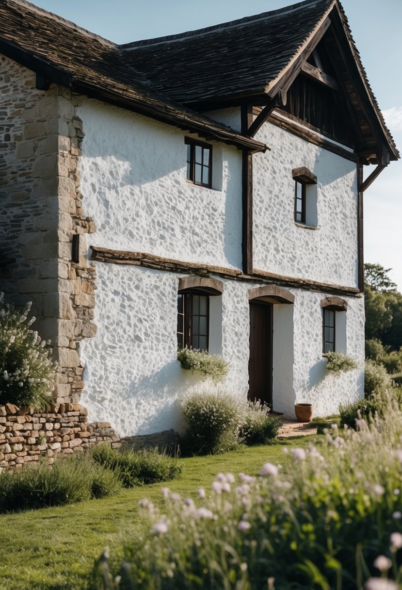 Exterior of a medieval farmhouse with whitewashed walls surrounded by greenery and a clear sky.