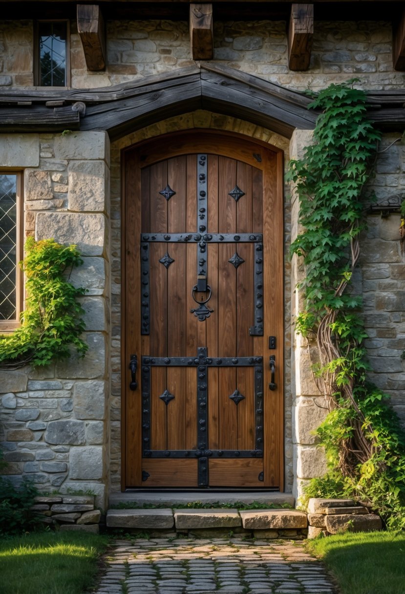 Front view of a farmhouse exterior with a large wooden door decorated with iron studs, stone walls, and surrounding greenery.