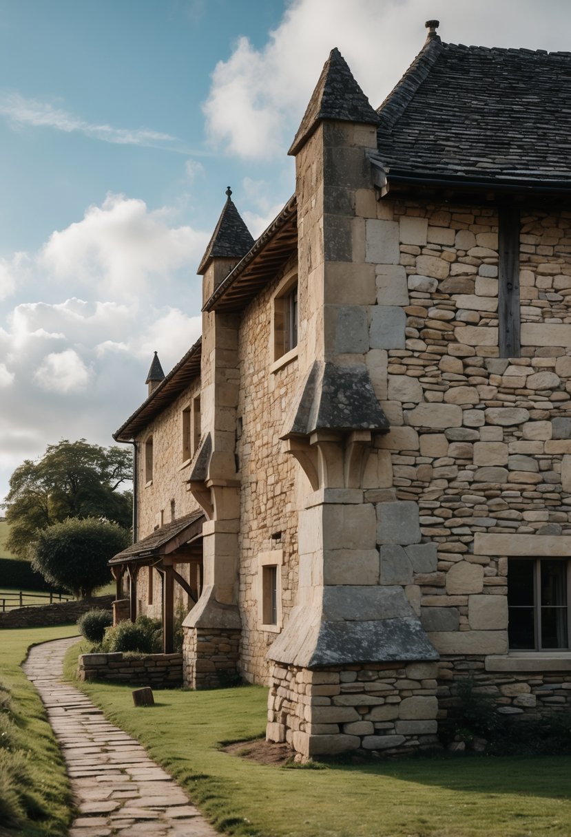 Exterior view of a medieval farmhouse with strong buttressed corners surrounded by greenery and stone pathways.