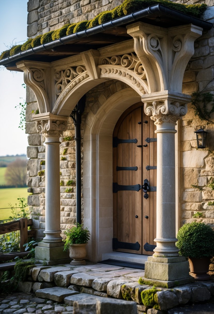 A stone porch with carved details on a farmhouse exterior, featuring a wooden door and cobblestone pathway.