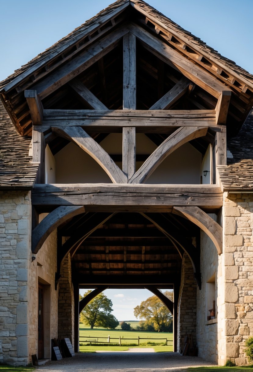 Exterior view of a farmhouse with heavy wooden beams supporting the roof.