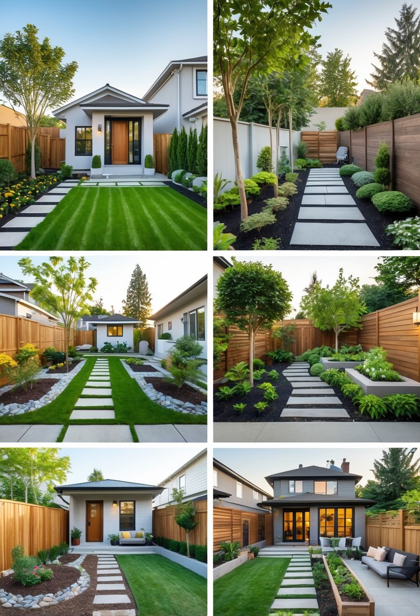 A collage of 17 different small front yard landscaping designs featuring lawns, flower beds, shrubs, stone pathways, and garden decorations.